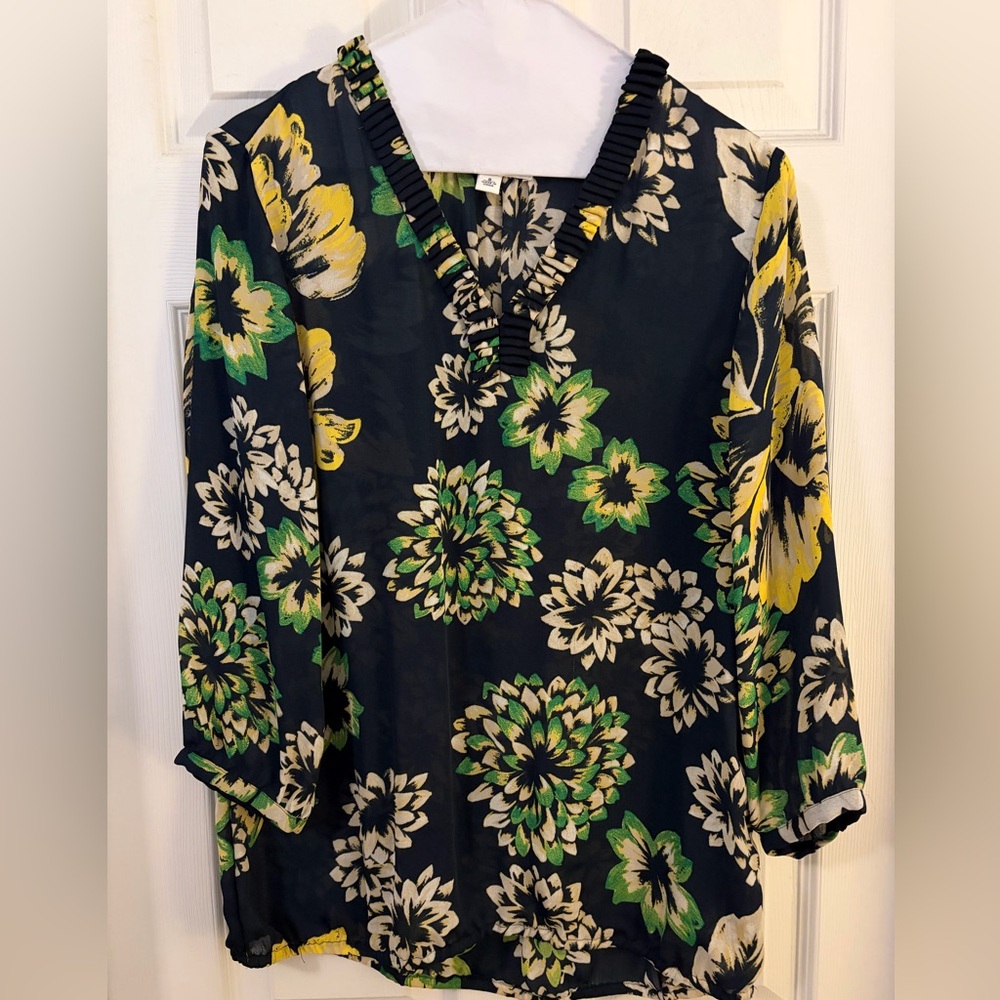 Banana Republic Sheer Floral V-Neck Blouse - Blue, Green and Yellow SZ S